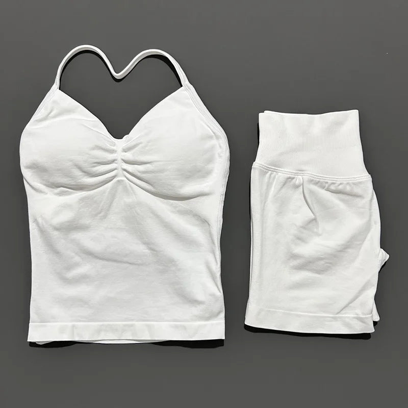 HISTELLO 2 Pieces Sports Set Women Yoga Longline Strap Top Scrunch Seamless Shorts Sport Gym Set Sportswear Workout Fitness Set