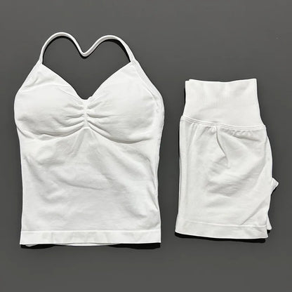 HISTELLO 2 Pieces Sports Set Women Yoga Longline Strap Top Scrunch Seamless Shorts Sport Gym Set Sportswear Workout Fitness Set