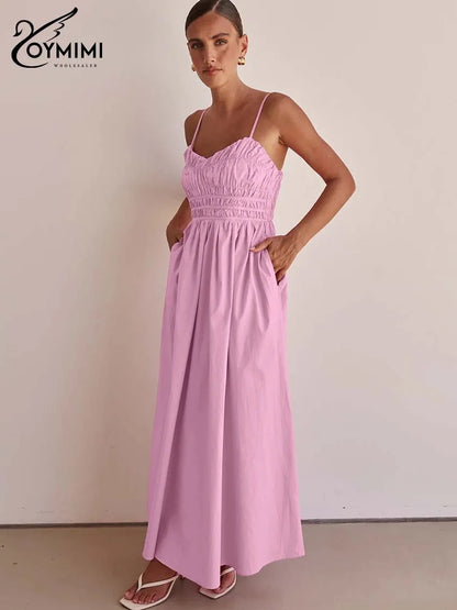 Oymimi Fashion Pink Cotton Women's Dress Elegant Spaghetti Strap Open Back Solid Dresses Casual High Waist Ankle-Length Dresses