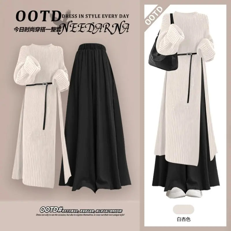 Fall Fashion High Waist Knitted Sweater Long Skirt Wide Leg Pants Two Piece Set Elegant Sweet Style plus Size Women's Suit
