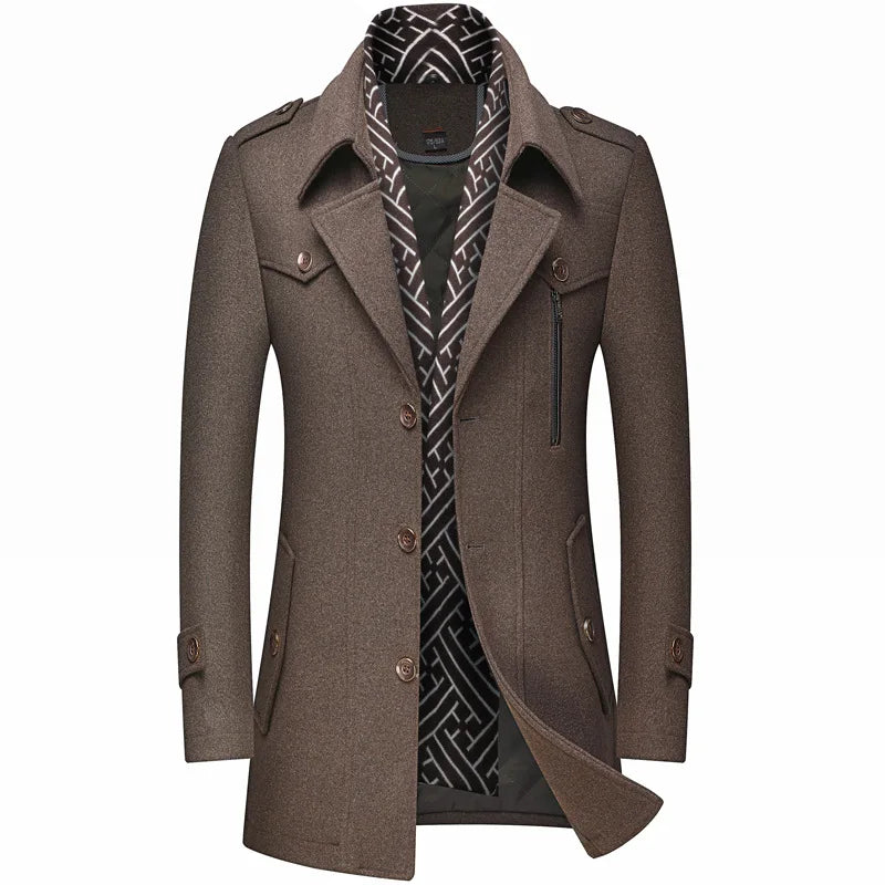 Thickened Men's Woolen Coat Scarf Collar Mid-Length Tweed Outerwear Winter Fashion Slim Fit Pocket Detail Pure Color Design