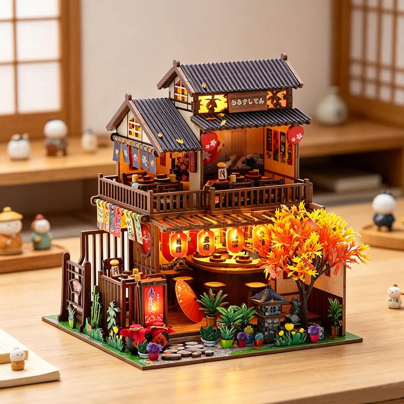 Japanese Izakaya Sushi Restaurant DIY Miniature Dollhouse Kit with LED Light 3D Wooden Puzzle Full Furniture Creative Gift