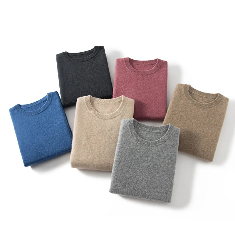 100% Cashmere Men's Pullover Business Casual Solid Knitted Sweater Loose Pull Round Neck Collar Tops Basic Versatile Jumper