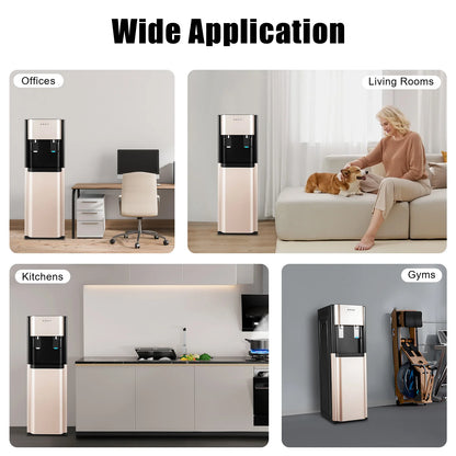 Water Dispenser Hot Cold Water Cooler Dispenser Bottom Loading Fast 0.16GalH 450W Heating 70W Cooling 304 Stainless Steel 110V US Plug No Assembly Gold