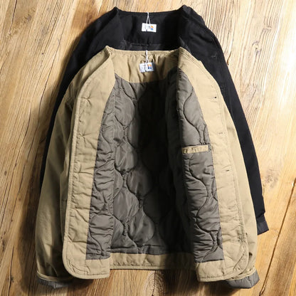 Outdoor Autumn and Winter Cycling Collarless Cotton-padded Jacket for Men, Quilted Waterproof and Warm Inner Liner Work Jacket