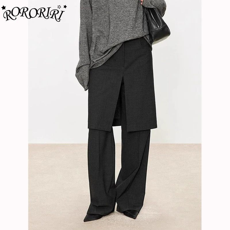 RORORIRI Black Low Waisted Suit Pants for Women Fake Two-piece Skirt Pants Straight Leg Casual Pants Pantalones Mujer Fashion