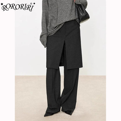 RORORIRI Black Low Waisted Suit Pants for Women Fake Two-piece Skirt Pants Straight Leg Casual Pants Pantalones Mujer Fashion