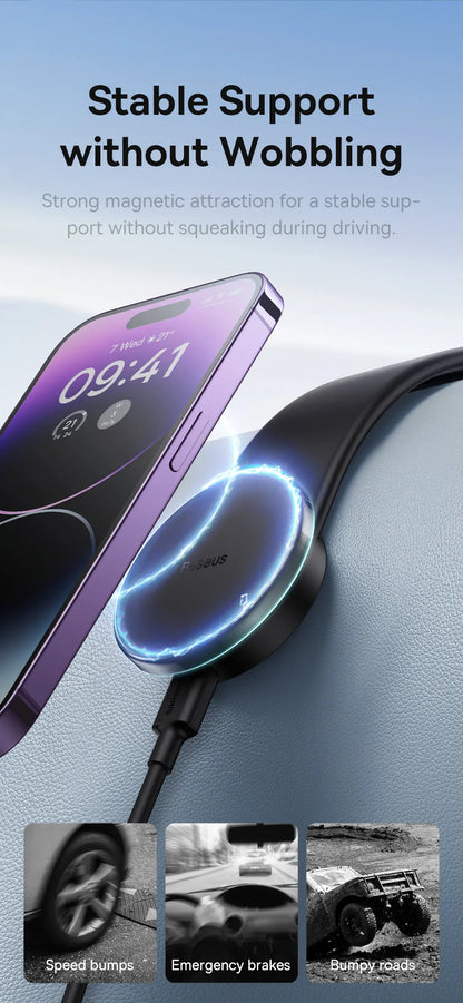 Baseus Magnetic Car Phone Holder 15W Wireless Charger Bendable Car Phone Mount for iPhone 12-17 Stand Dashboard Center Console