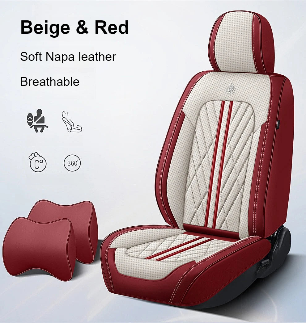 Universal fitting waterproof breathable soft Napa leather car seat cover set for cushion protection. Suitable for sedan and SUV