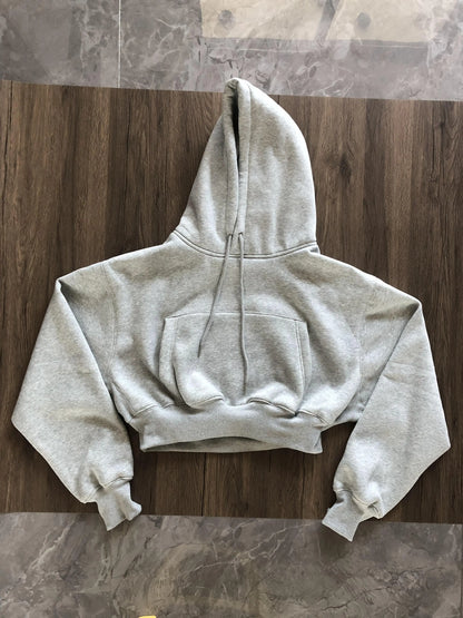 Basic Wear Black Charcoal Hoodies for Women Autumn Winter Loose Fleece Hooded Sweatshirts Streetwear Cropped Pullovers