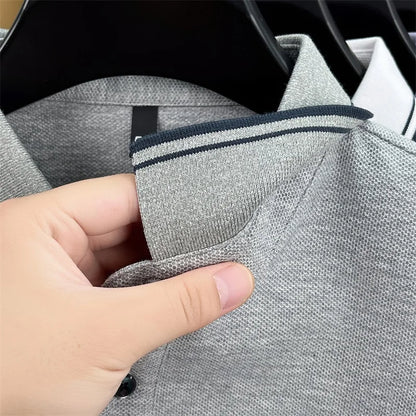 Men's 100% Cotton Long-Sleeve Polo Shirt - Light Purple Soft Knit  Breathable Business Casual Hexagon Pique Texture
