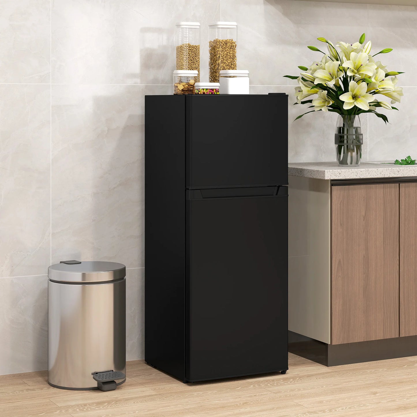 Small Fridge with Freezer, 4 Cu Ft Refrigerator with Reversible Doors, Black
