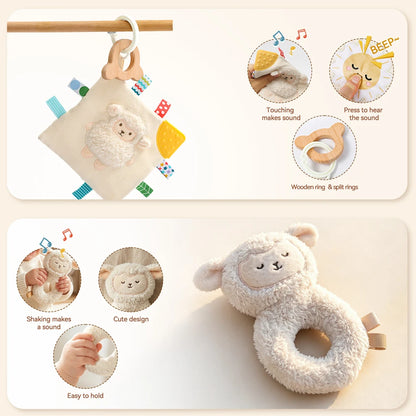 Sheep Security Blanket and Rattle 2 Piece Set Soft Crystal Velvet Press to Sound Baby Toys Fine Motor Skills Sensory Baby Toys