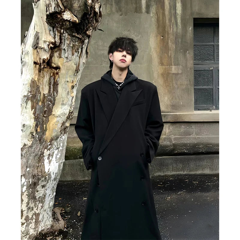 Thickened Shoulder Pad Knee-Length Woolen Coat Winter Men's Korean Style British Neapolitan Windbreaker Long Sleeve Double-Br...