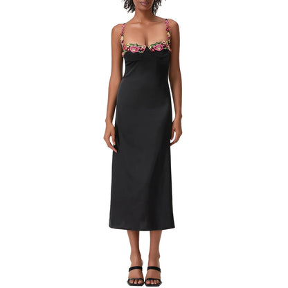 Satin Sling Bodycon Long Dress Women Flower Embroidery Sleeveless Spaghetti Strap Cocktail Dress Summer Party Club Skinny Dress