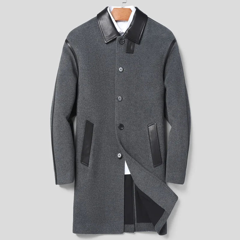 YOLANFAIRY Luxury Woolen Overcoat for Man Autumn Winter Mid-length Lapel Pure Wool Spliced Sheepskin Trench Coat Trend Jacket