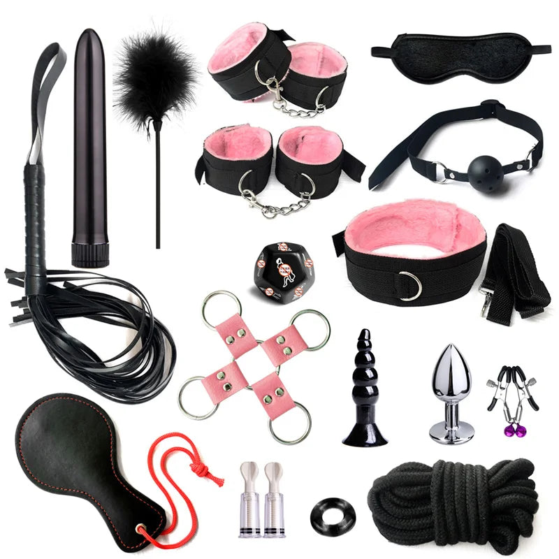 Sex Bondage Set Plush Sex Toy BDSM Kits for Women Couples Adult Games Adjustable Handcuffs Ankle Whip Gag Nipple Clamps Toys