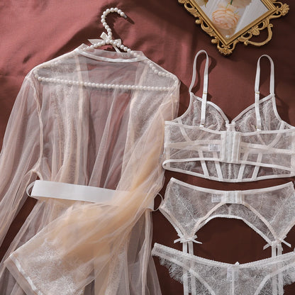 2026 French ultra-thin perspective high-end eyelash lace sexy gathering steel ring bra set with perspective outer robe