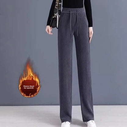Thickened Fleece Wide Leg Pants Women's Casual Straight Cut Trousers Autumn Winter New Style High Waist Cotton Elastic Waist