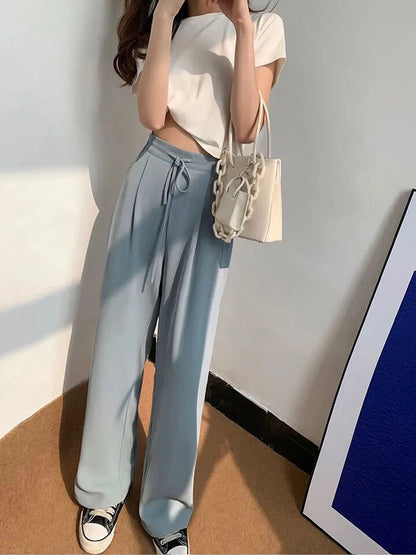 Ice Silk High Waist Wide Leg Pants Women Summer Loose Thin Straight Casual Trousers Korean Style Polyester Fiber Skin-friendl...