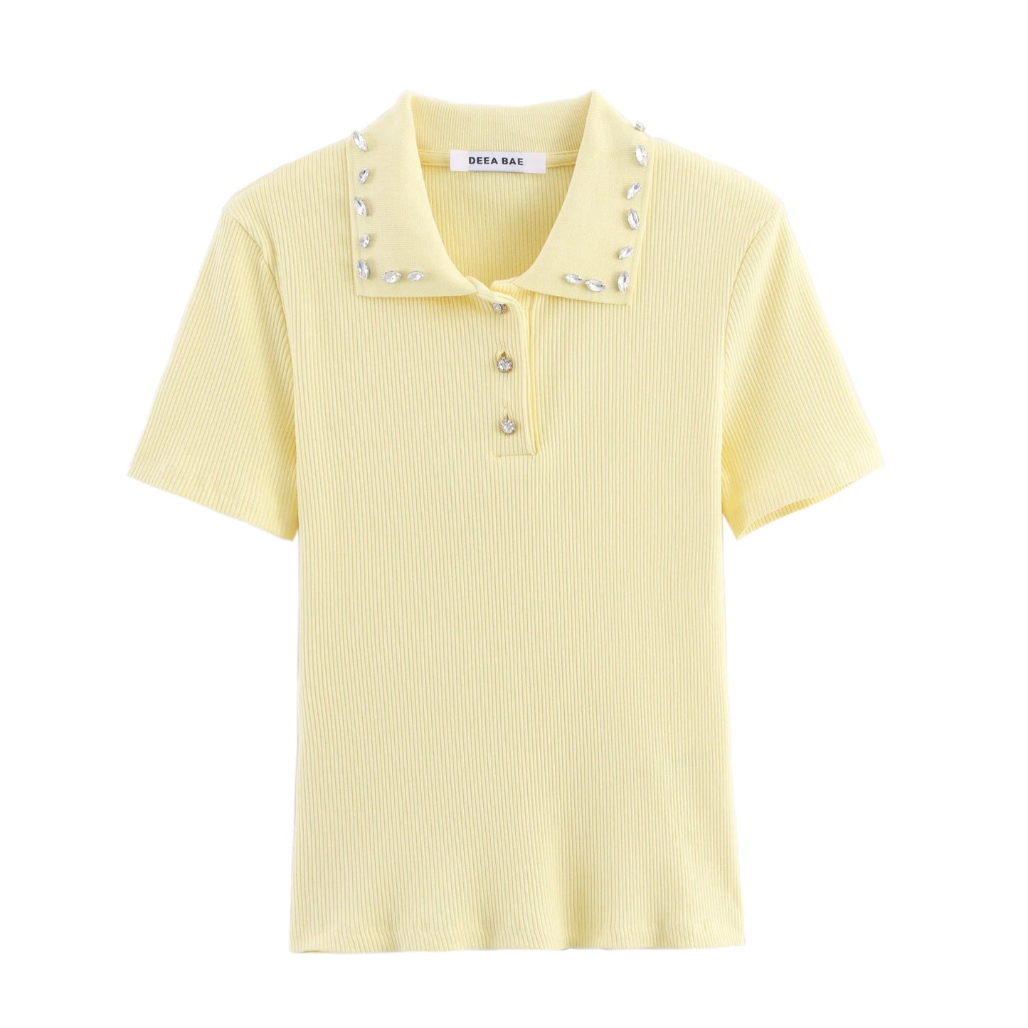 Retro American Diamond Embedded Short Sleeve Knitted T-shirt Women's Sweet Anti-aging Top Jewelry Collar Turn-down Collar