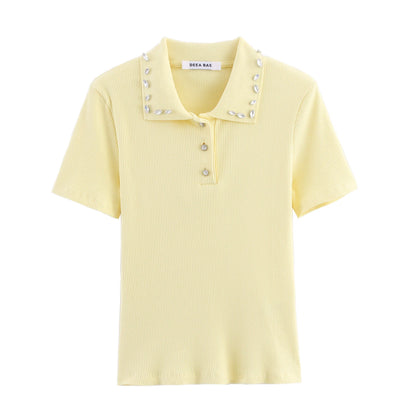 Retro American Diamond Embedded Short Sleeve Knitted T-shirt Women's Sweet Anti-aging Top Jewelry Collar Turn-down Collar