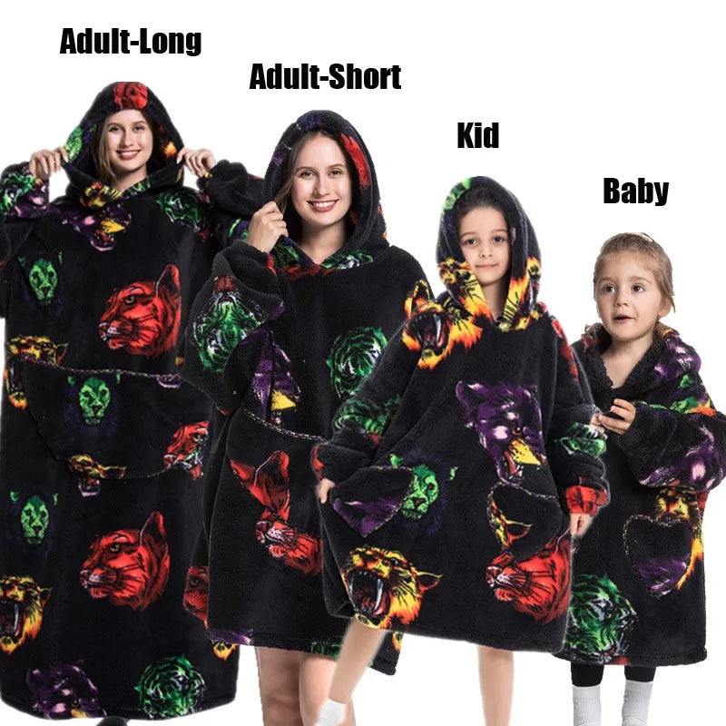 Halloween Family Matching Blanket Hoodies Women Cartoon Bear Dinosaur Sweatshirts Adult Oversized Warm Pullover Winter Clothes