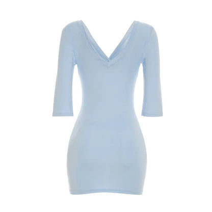 Tsiisd Women's Blue Deep V Neck Mini Dress Slim Office Commute Summer Daily  Streetwear Fashion Party Dress Female Bodycon Dress