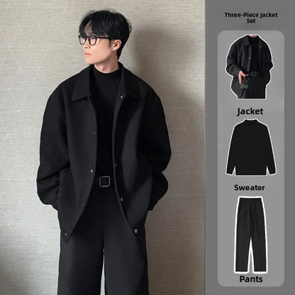 Men's Woolen Jacket Set Casual Autumn Winter Style Youth Long Sleeve Pants Three Piece Suit Elegant Fashionable Men's Wear