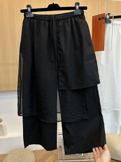 Summer European Style Women Two-piece Spliced Pants High Waist Loose Straight Leg Cropped Trousers Design Slim Casual Pants