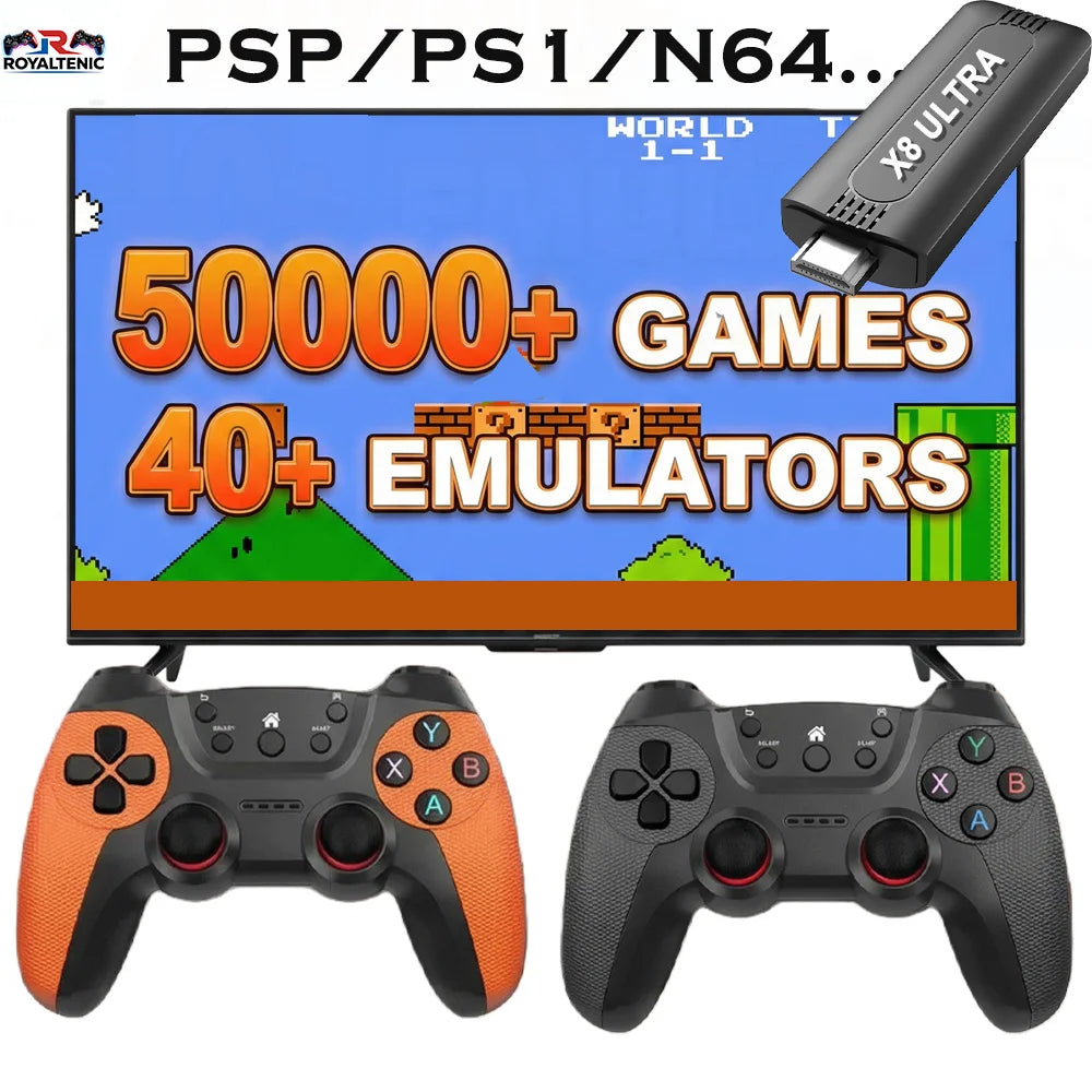 The X8 ULTRA retro video game console comes pre-installed with 50,000 games and plug-and-play PS1/N64/PSP emulators.
