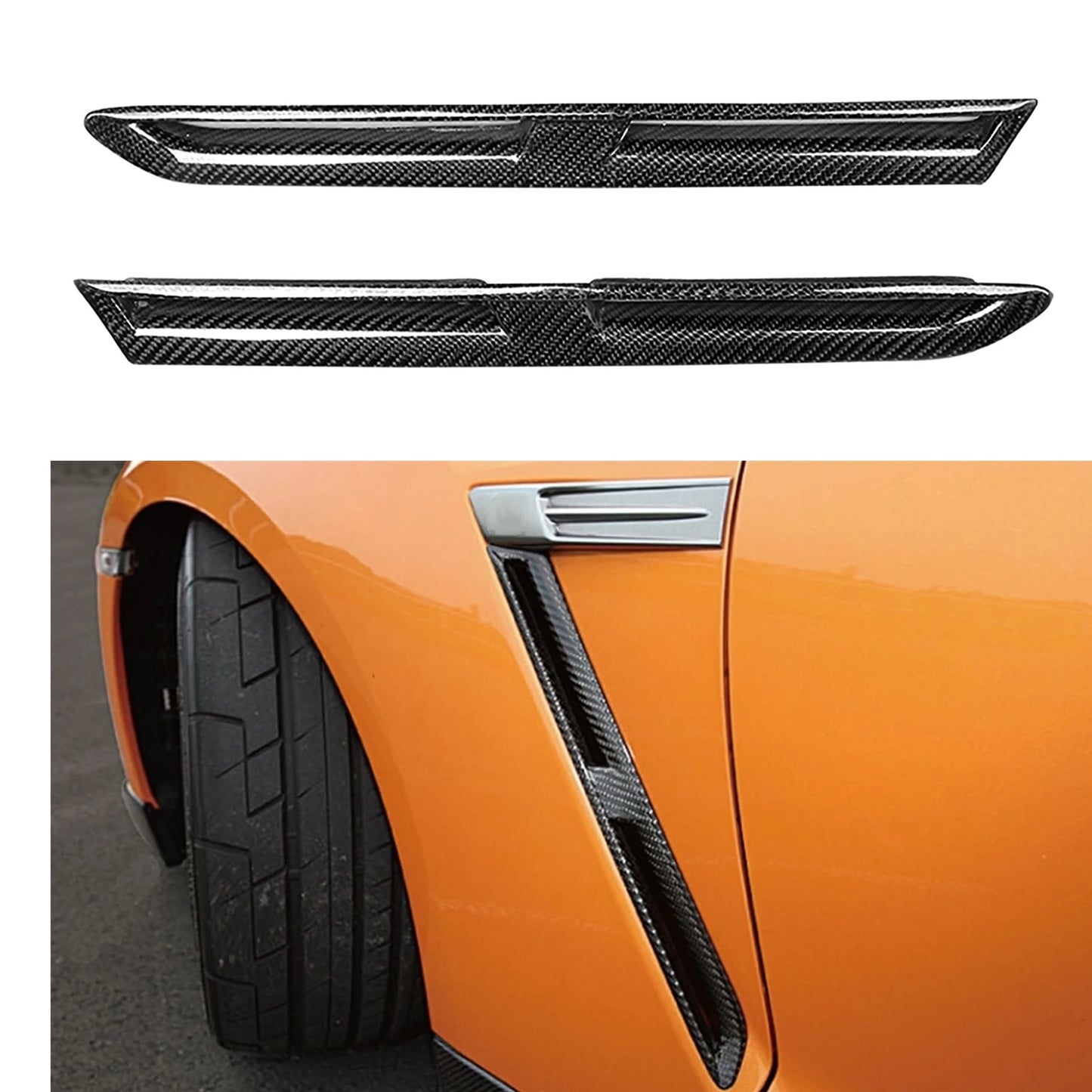 For Nissan GTR GT-R R35 2009-16 Real Carbon Fiber Front Fender Side Air Vent Trim Duct Outlet Spoiler Strip Splitter Canard Lip