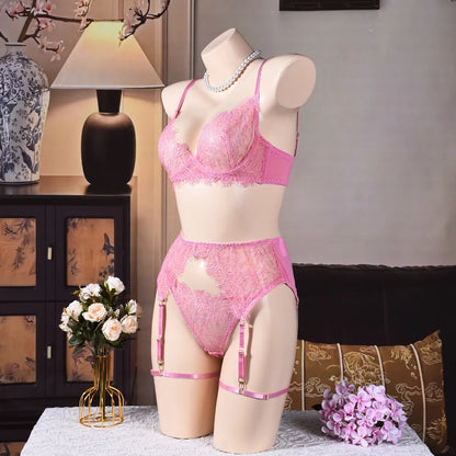 Ellolace Solid Lingeries Sexy Hot Elegant Bra Belt Thong 3PC with Leg Circles Cute Intimate Seductive Lace Tempted Underwear