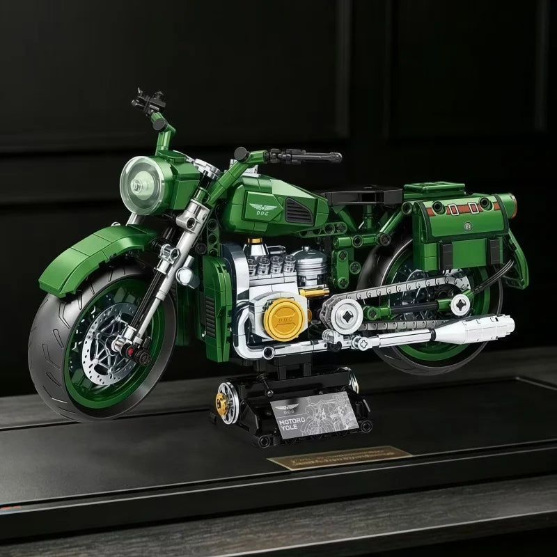 Retro sidecar motorcycle building block set, vintage three-wheeled motorcycle model with sidecar, MOC assembly building block to