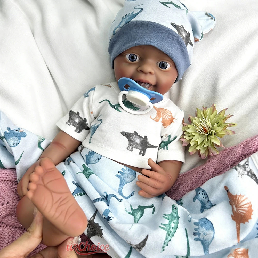 18Inch Dark Skin Full Body Silicone Reborn Baby Realistic Newborn Boy Weighted Lifelike Doll Anatomically Correct for Kids Toy