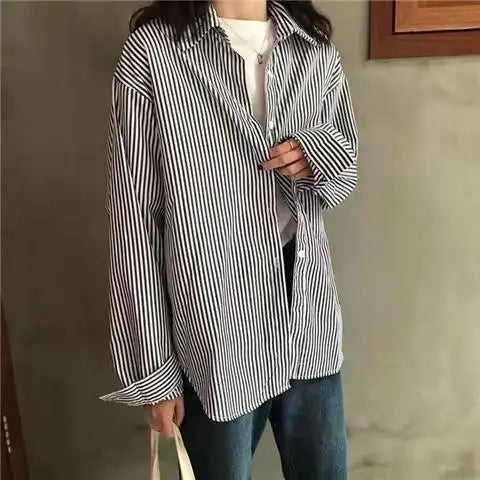 Retro Lazy Sle Blue Striped Women's Long Sve irt Spring Autumn Design Sense Small ence Outerwear Blouse