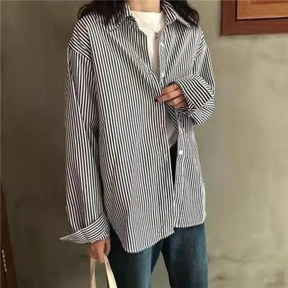 Retro Lazy Sle Blue Striped Women's Long Sve irt Spring Autumn Design Sense Small ence Outerwear Blouse