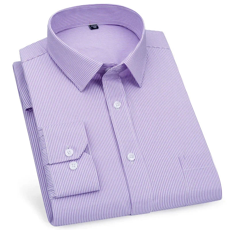Men's Business Casual Shirts Purple Blue Cotton Regular Fit Long Sleeve Classic Plaid Striped Checked Social Work Dress Shirts
