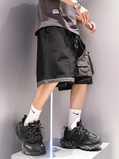 American High Street Retro Color Block Workwear Shorts Men's Summer Loose Outdoor Quick Dry 5-Quarter Pants Trendy Mid-Pants