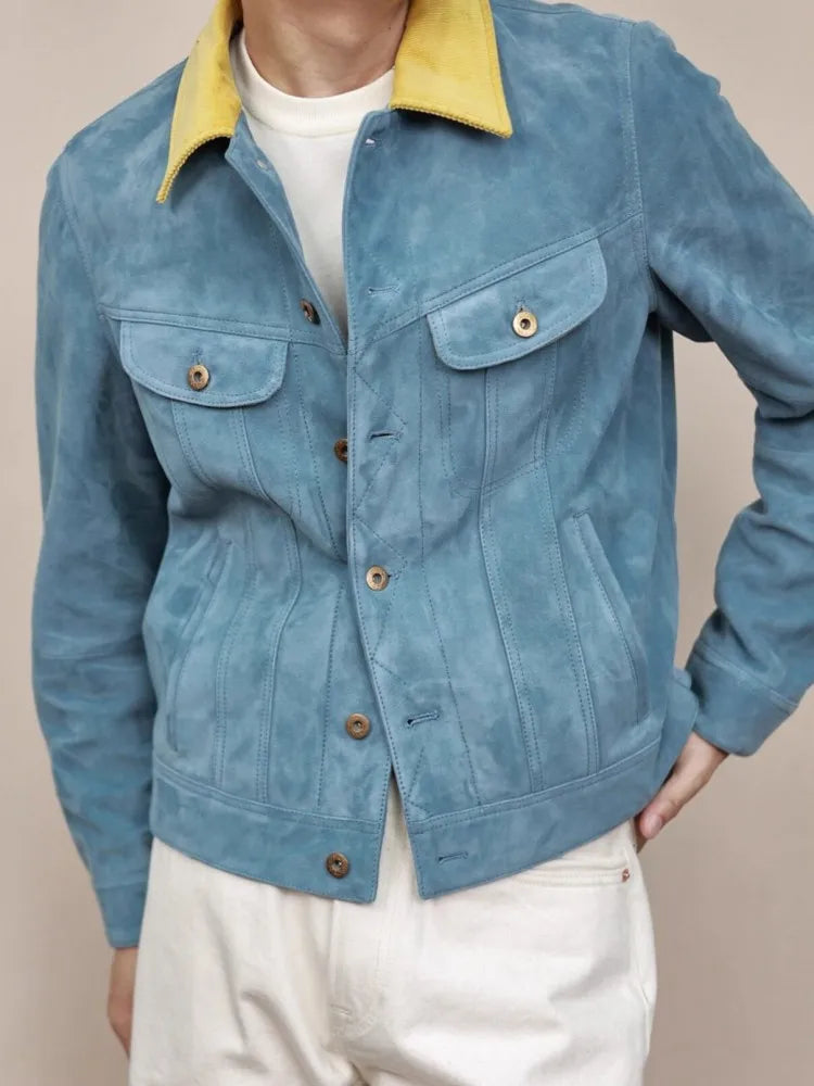 Leisure Lapel Single-Breasted Straight Men Genuine Leather Jacket Retro Solid Color Male Sheepskin Long Sleeves Outerwear