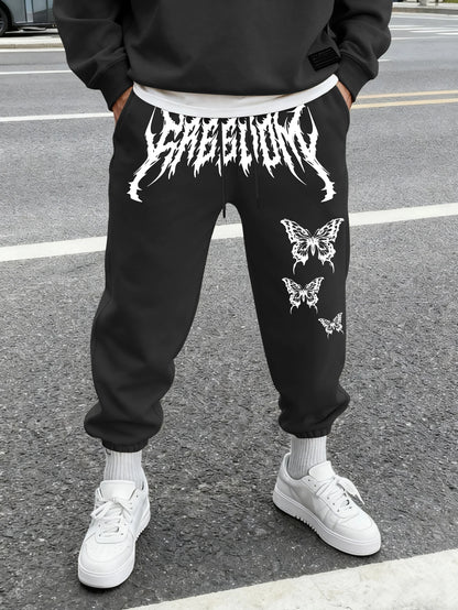 Men's Aesthetic Dark Gothic Butterfly Art Print Sweatpants Elastic Waist Joggers Cozy Goth Daily Street Fashion Bottoms