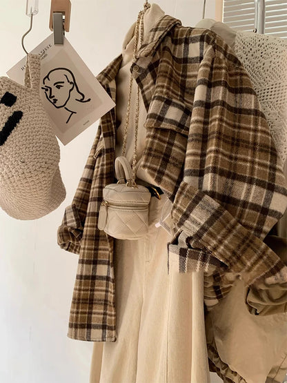 Retro Color Block Thickened Plaid Shirt Women's Loose Mid-Length Woolen Coat Spring Autumn Seasonal Korean Style Commute Wind