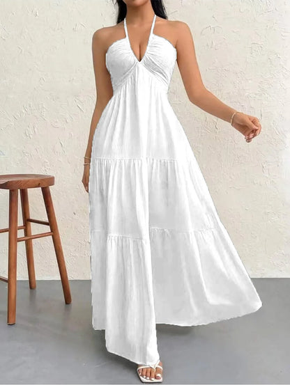 Summer 2026 Women's Trendy Deep V Shoulder Bohemian Style Dress with Belt for Wedding Festival Party Casual Wear