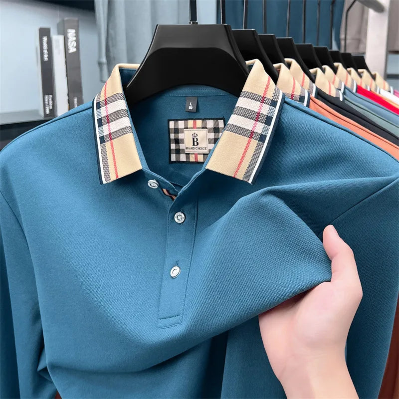 Fashion silk cotton long sleeve polo shirt men's autumn luxury brand simple comfortable new business and leisure lapel T-shirt