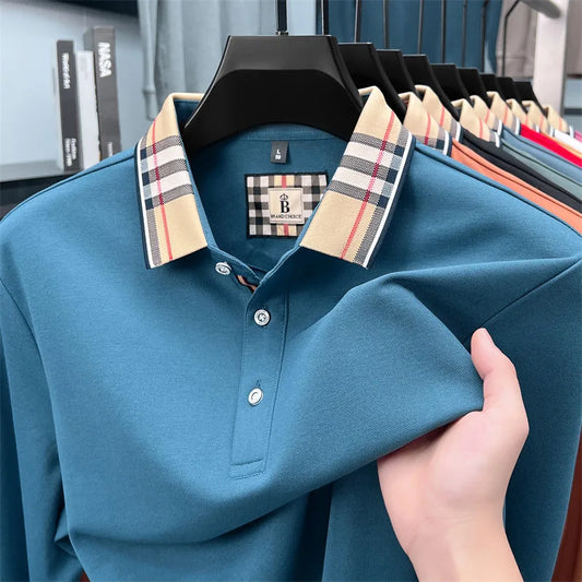 Fashion silk cotton long sleeve polo shirt men's autumn luxury brand simple comfortable new business and leisure lapel T-shirt