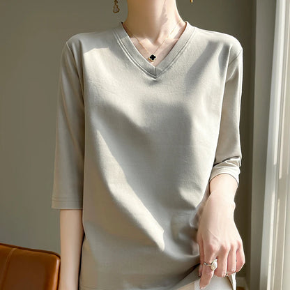 Spring And Summer New White Mercerized Cotton Cropped Sleeve T-shirt Feminine Joker 100% Cotton Bottoming Shirt Half Sleeve