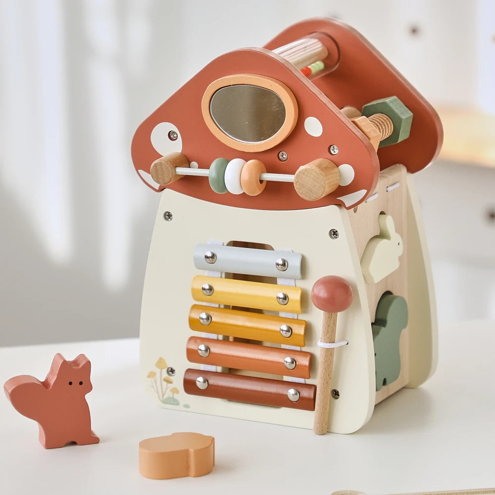 Baby Wooden Block Educational Wooden Building Block Mix Puzzle Toys Mushroom Five in One Table Toys Multifunctional Busy Toys