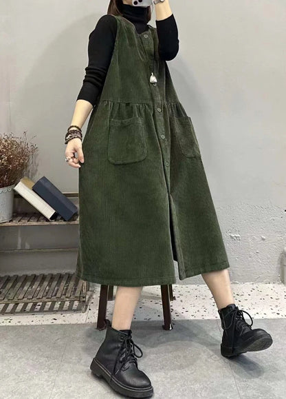 Retro Korean Style Corduroy Dress with Pockets Autumn Winter Loose Slimming Long Dress for Women Casual A-Line Skirt