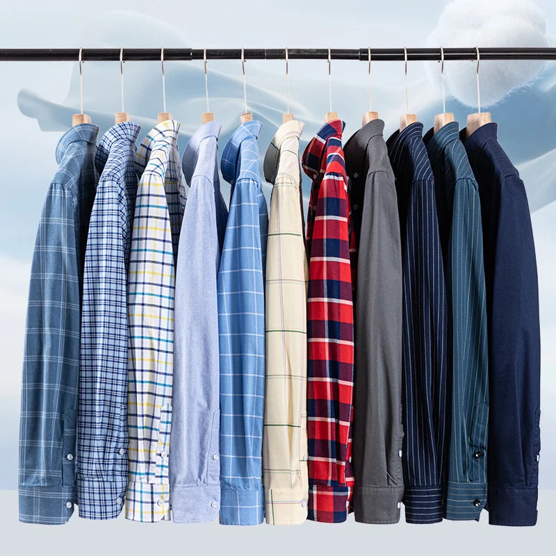 Classic Men's Long Sleeved Check Shirts 100% Oxford Cotton Casual Fashion Soft Plaid Stripe Solid Male Business Slim Fit Blouses