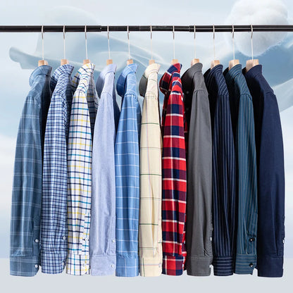 Classic Men's Long Sleeved Check Shirts 100% Oxford Cotton Casual Fashion Soft Plaid Stripe Solid Male Business Slim Fit Blouses